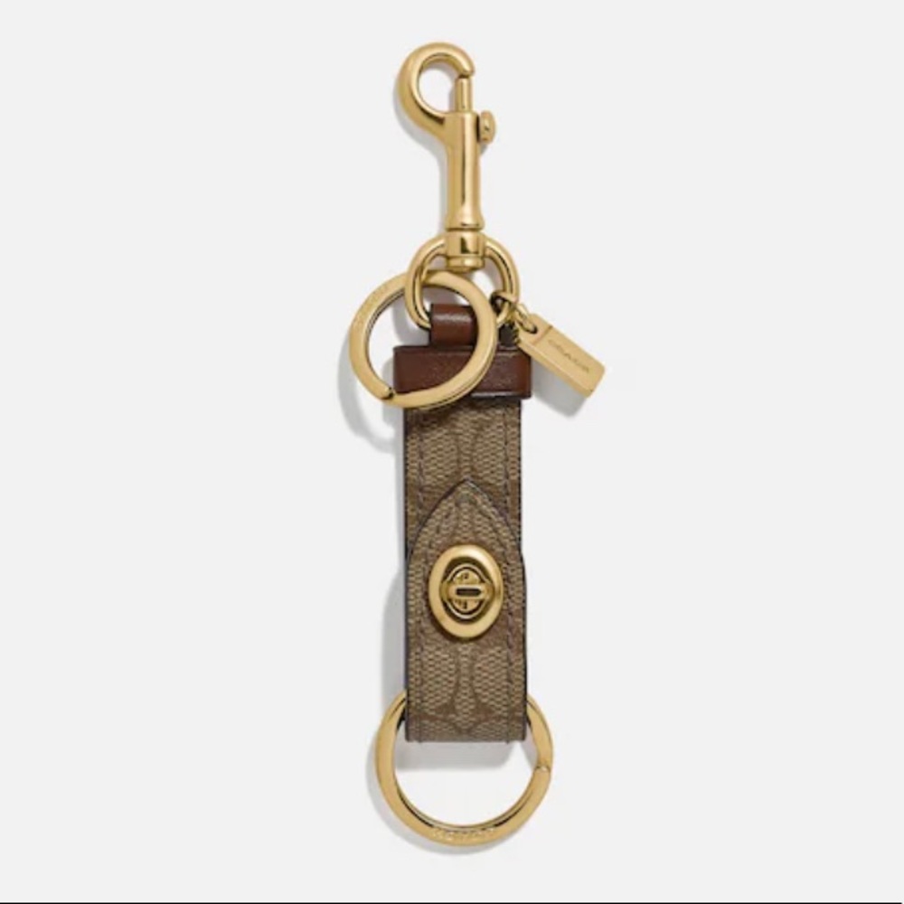 NEW! COACH Trigger Snap Key Ring / Bag Charm w/ Dogleash Snap, Gold/Khaki NWT! - Picture 1 of 16